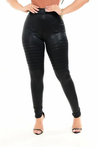 Calça Legging Skinny Tratorada Couro Fake 3d Cintura Alta