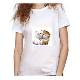 Camiseta Dama Estampada gato Blanco Y Amarillo