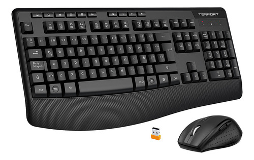 Terport Mouse Y Teclado Español Inalambrico 2.4ghz Usb Con Reposamuñeca, Mouse Inalámbrico Ergonómico 4800dpi Con 6 Botones, Kit Teclado Y Mouse Para Computadoras Pc Laptops Trabajo Oficina