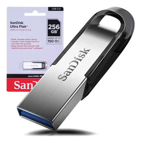 Pen Drive Sandisk Ultra Flair 256gb 3.0 Prata/preto 150mb/s