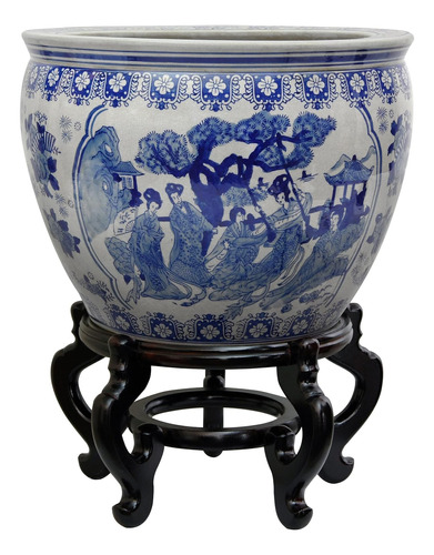 Oriental Furniture - Pecera De Porcelana Azul Y Blanca Para 
