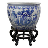 Oriental Furniture - Pecera De Porcelana Azul Y Blanca Para 