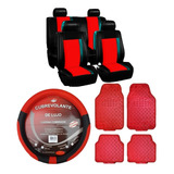 Funda Asiento Auto + Alfombra + Cubre Volante Rojo S/cuero 