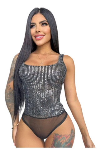 Blusa Top Corto Transparente Manga Larga Con Brillo