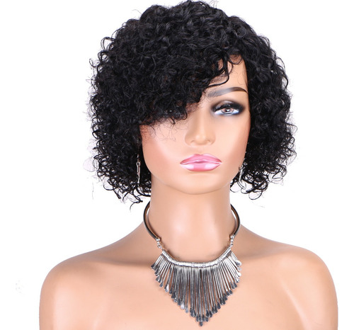 Pelucas De Pelo Humano Rizado Pixie Wigs Negras, 25 Cm