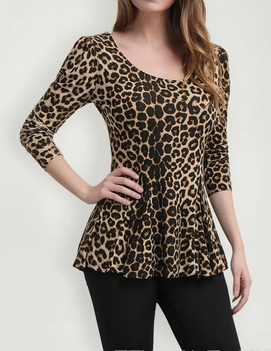 Blusa Mujer Estampado Leopardo Peplum Manga Larga
