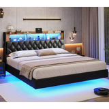 Cama Flotante King Con Luces Led Rgb, 2 Puertos Usb, Cabecer