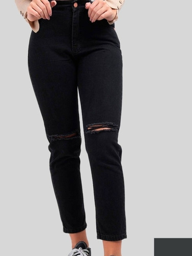 Jean Momfit Denverjean Momfit Negro Rígido Con Rotura 