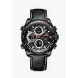 Reloj Pulsera Naviforce Nf9197l De Cuerpo Color Negro, Analógico-digital, Para Hombre, Fondo Negro, Con Correa De Cuero Color Negro, Agujas Color Negro, Blanco Y Rojo, Dial Blanco Y Plateado Y Beige, 