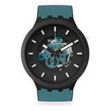 Reloj Swatch Night Trip Sb03b107 Correa Petróleo Bisel Negro Fondo Transparente