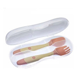 Kit Colher E Garfo Silicone Infantil C/ Estojo Talher Bebê