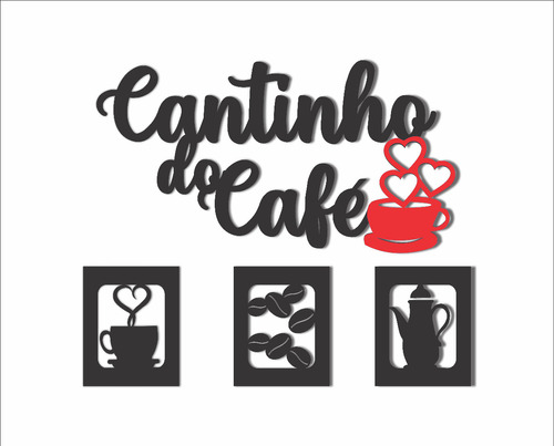 Aplique Cantinho Do Café Mdf Preto/vermelho Alto Relevo 4 Pç