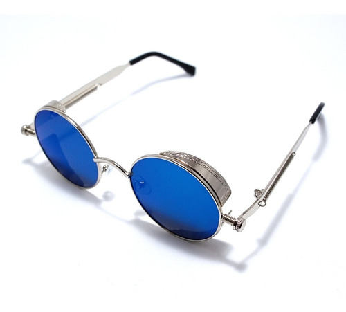  Gafas Lente Azul Marco Plateado Retro Redondas Steampunk