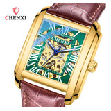 Relojes Automáticos De Cuero Impermeables Cuadrados Chenxi Color Del Fondo Dorado/verde