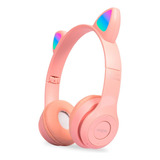 Auricular Inalambrico Bluetooth Luces Orejas De Gato Rosa