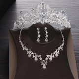 Novias Tiara Collar Gargantilla Aretes De Cristal Xv Años