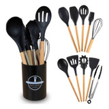 Kit C/12 Utensílios De Cozinha Silicone Cabo Madeira