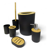 Kit Banheiro Lavabo Preta Com Tampa Bambu 6 Peças