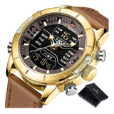 Reloj Impermeable Naviforce Leather Business Para Hombre Color Del Bisel Dorado