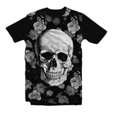 Camiseta/camisa Skull - Caveira E Rosas Rock Black And White