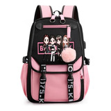 Mochila Oxford Estampada Preta Rosa K-pop