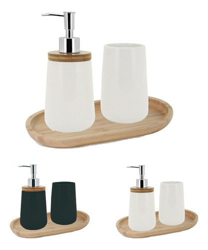 Kit Banheiro Lavabo 3 Peças Bandeja Dispenser Porta Escova