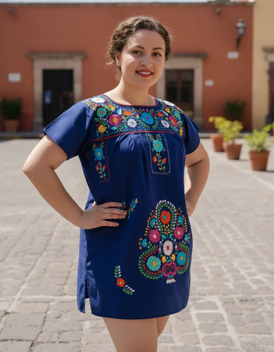 Minivestido Mexicano Bordado A Mano Popelina Multicolor T-m