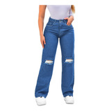 Calça Jeans Feminina Wide Leg Rasgado No Joelho Top Premium