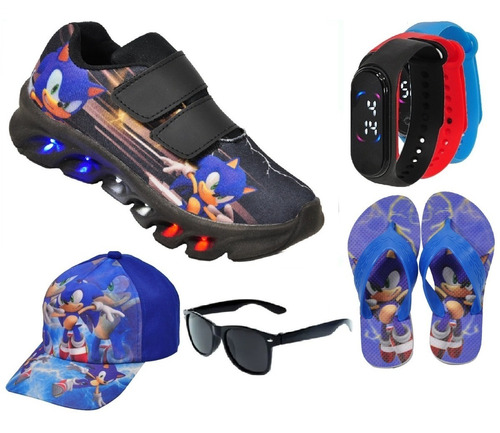 Tênis Led Infantil Sonic Velcro+ Boné Chinelo Relógio Óculos