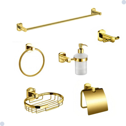 Kit Acessórios Para Banheiro Redondo Dourado Gold 6 Peças