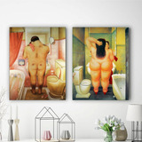 Cuadro Pintura 15x20cm Botero Hombre Mujer En El Baño X2un