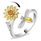 Anillo Flor Girasol Giratorio Plata 925 Antiestres Circonio