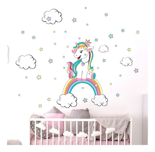 Kit Vinilo Adhesivo Pared Niña Unicornio 100cms Full Color