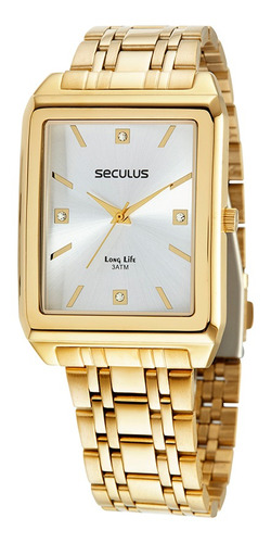 Relogio Seculus Feminino Dourado Quadrado Retangular Grande