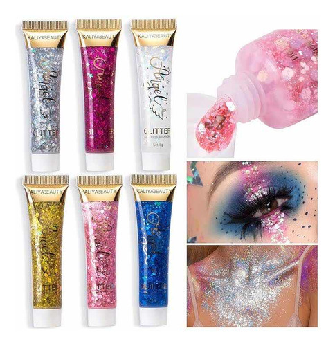 Pack 6 Glitter Gel Decorativo Pigmento Brillo Rostro Cuerpo