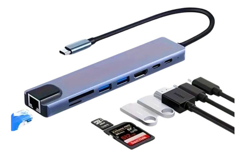 Súper Adaptador Para Laptop Macbook 8 En 1 Sd/usb/pd/hdtv +