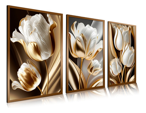 Quadro Decorativo Arte Flor Tulipas Brancas Dourad Sala Hall