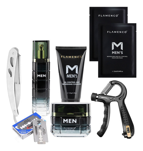 Kit Skincare Para Hombre 5 Pasos Flamenco + Navaja De Barba