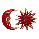 Luna Y Sol Figuras Decorativas Pared Artesanía Rojo Dorado