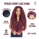 Peruca Front Lace Cacheada Bio Fibra 80cm Sem Brilho+brinde Tonalidade Preto Mesclado Com Marsala T1b-bug