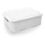 Caixa Organizadora Plástico Rattan 25cm Baixa Pequena Branca