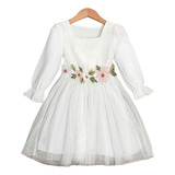 Vestido Niña Blanco Manga Larga Liviano Con Cinto De Flores