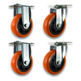 Ruedas Poliuretano Naranja 100mm X4 (2 Fijas Y 2 Giratorias)