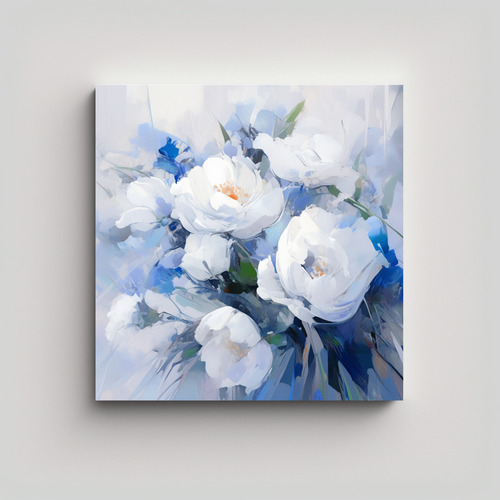 70x70cm Cuadro Floral En Lienzo Blanco Y Azul Bastidor Mader
