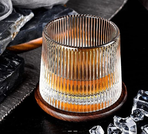 Copa Vaso De Cristal Whisky Giratoria C/base De Bambu 275ml