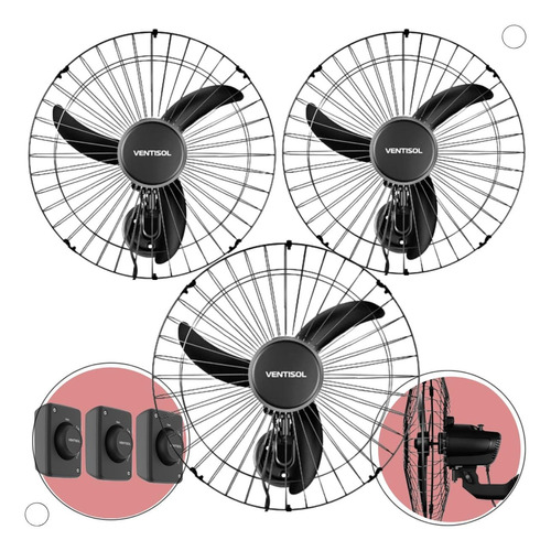 3 Ventilador Ventisol Parede 50cm Bivolt 200w 1500 Grade Aço