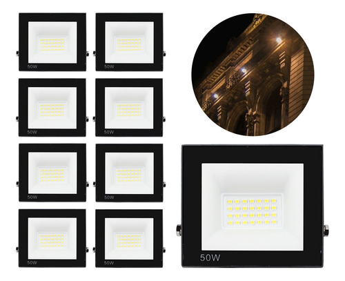 Kit 10 Refletor Led 50w Holofote Bivolt Branco Frio P66 