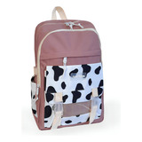 Mochila Bolsa Feminina Escolar Estampada Vaca Fofa Kawaii Cor Rosa/nude