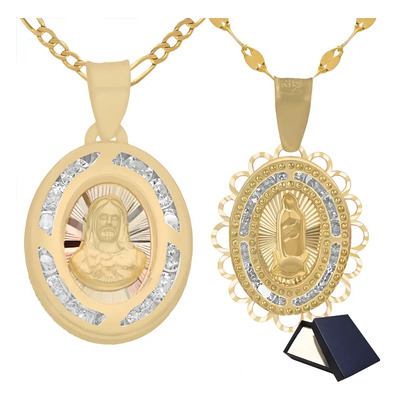 Dijes Medallas Boda Oro 10k Y Cadenas Oro 10k 45cm Y 55cm Italy Oro 10k Virgen Virgencita Guadalupe Sagrado Corazón Jesús Joyería Nupcial Nuestra Boda Par Medallas Boda 10k | Envío gratis