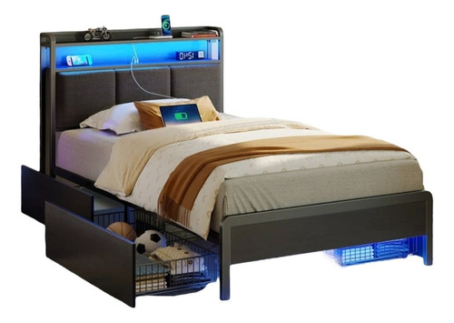 Base Cama 4 Cajones Luz Rgb Conexiones Tapiz Negro Y Cuadros